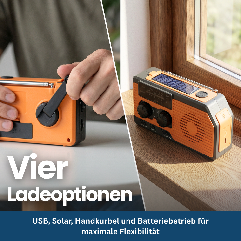 4-in-1 Emergency Radio With Solar Panel, Hand Crank & Power Bank – Blackout & Outdoor