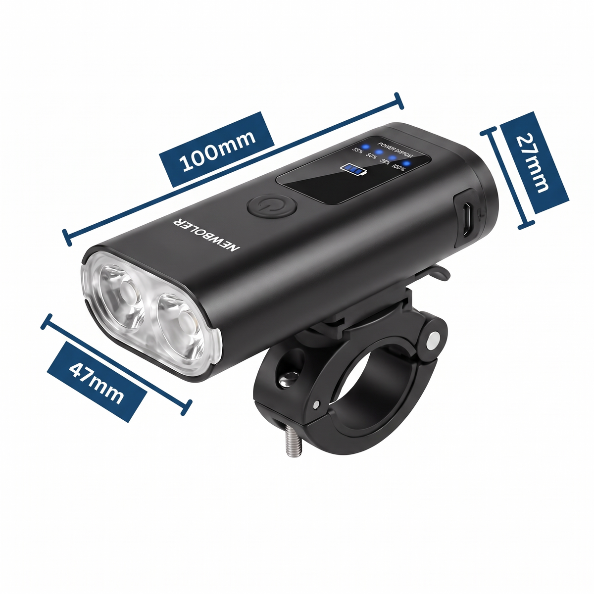 Lumo-Frontlicht – Maße 100 × 47 × 27 mm