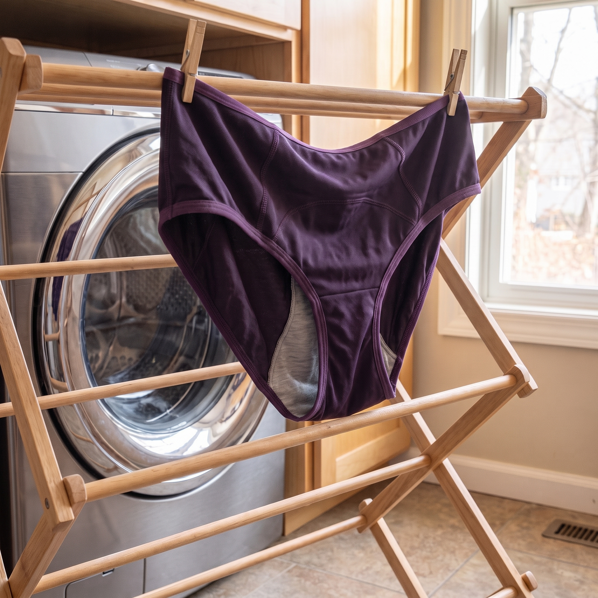 CoreDry English section image 5 — underwear realistically hanging to dry on rack